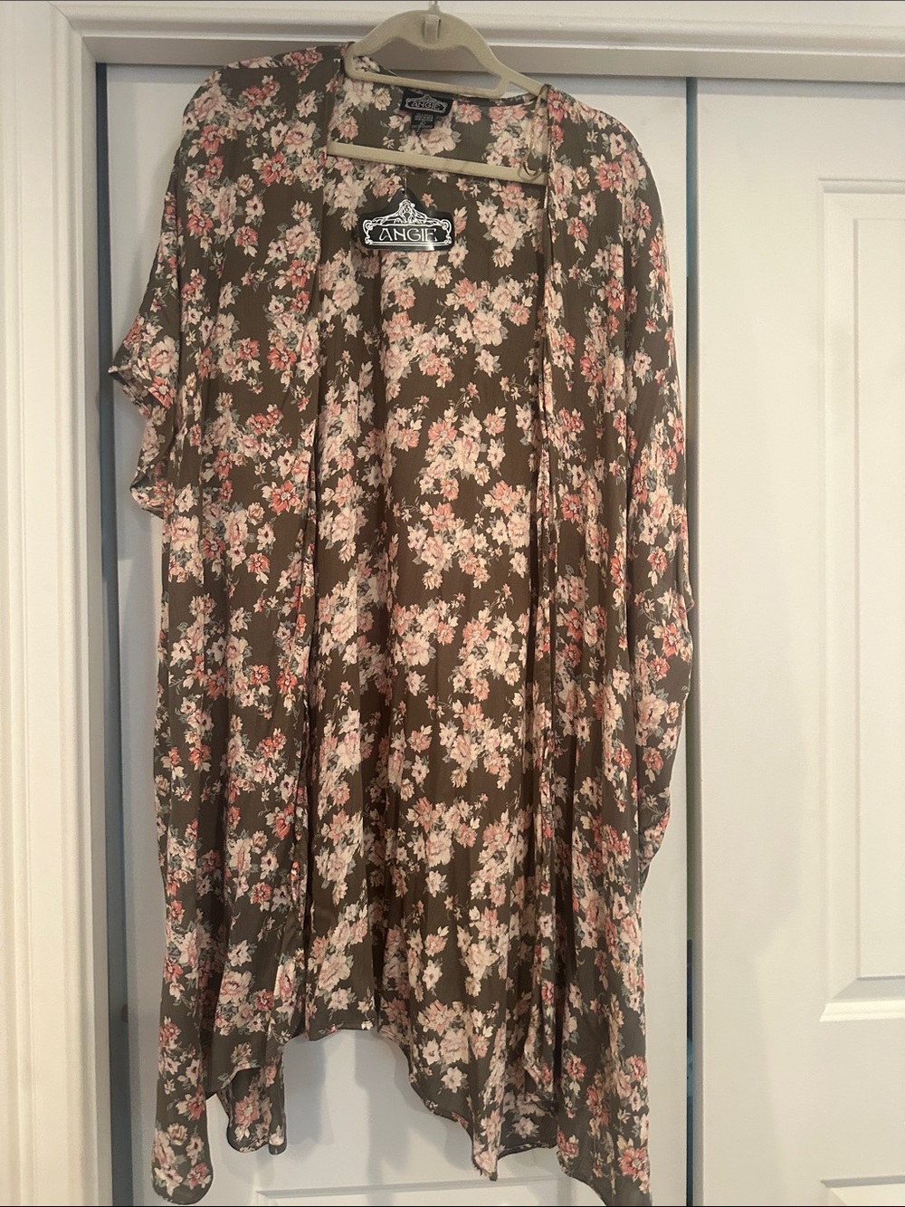 Angie Olive Floral Sheer Drape Kimono with Pink Blossoms